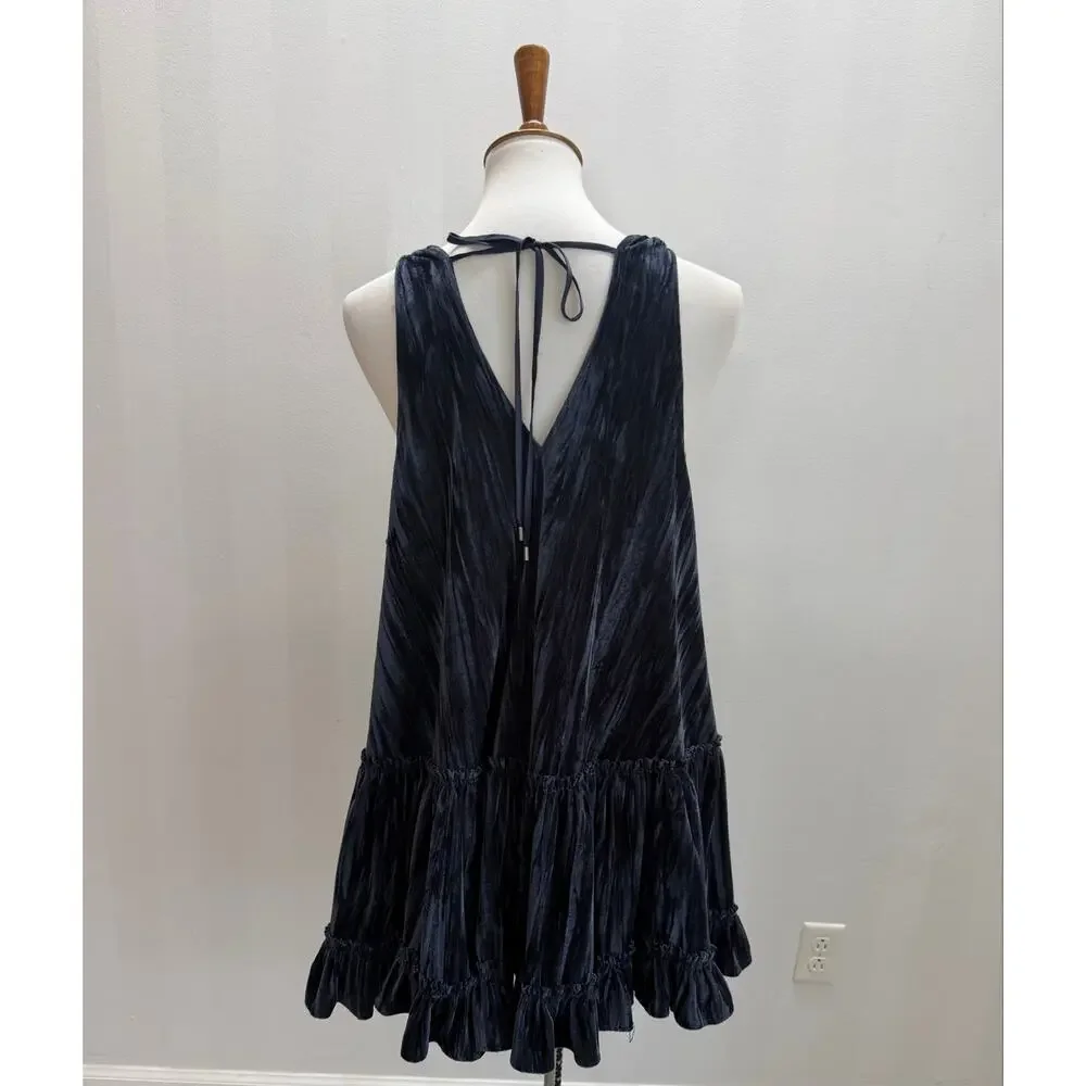 Free People Blue Velvet Tunic Top Boho Tiered Ruffle Deep V Back Tie Sz S